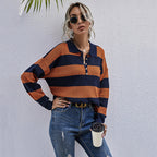 Women's Striped Sweater with Button Placket and High-Quality Ribbed Design