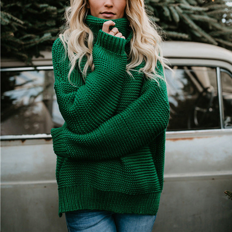 Women's Chunky Knit High-Neck Sweater with Dropped Shoulders