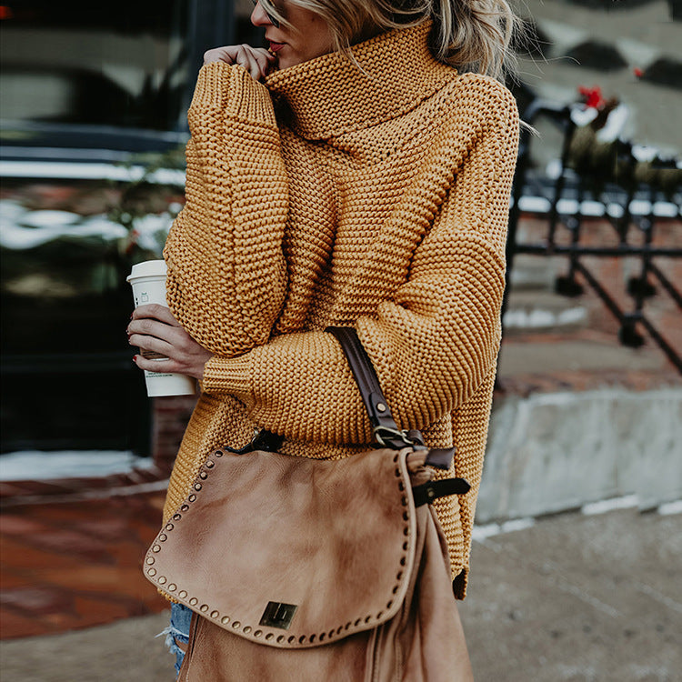Women's Chunky Knit High-Neck Sweater with Dropped Shoulders