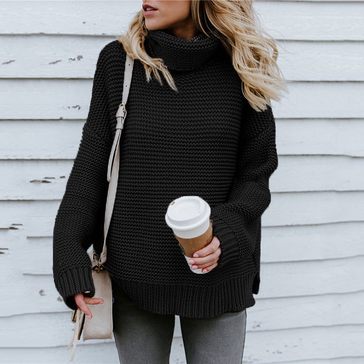 Women's Chunky Knit High-Neck Sweater with Dropped Shoulders