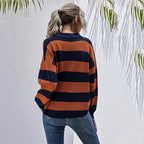 Women's Striped Sweater with Button Placket and High-Quality Ribbed Design
