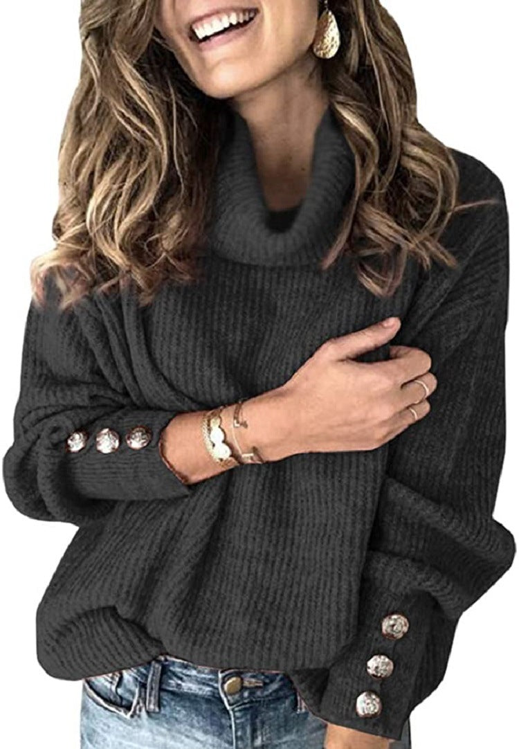 Women's Chunky Knit Sweater with High Collar and Decorative Button Details