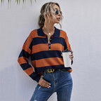 Women's Striped Sweater with Button Placket and High-Quality Ribbed Design