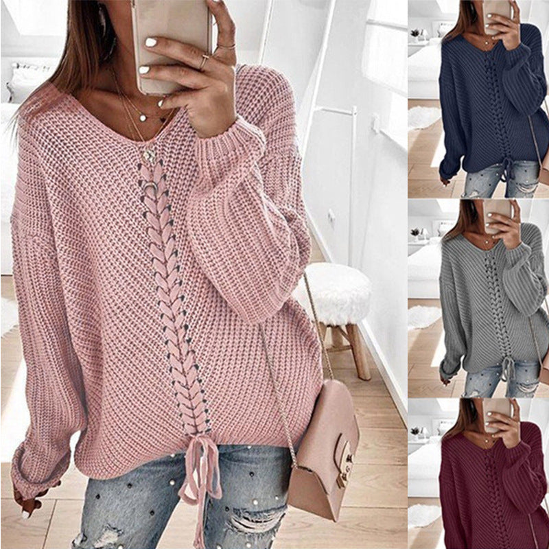 Women's Chunky Knit Sweater with Innovative Cord Detail