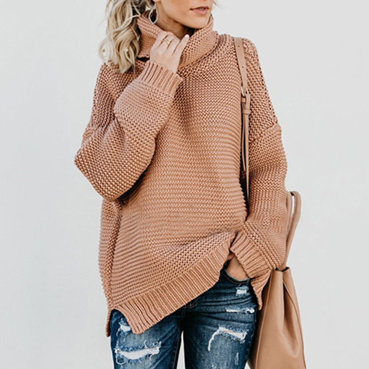 Women's Chunky Knit High-Neck Sweater with Dropped Shoulders