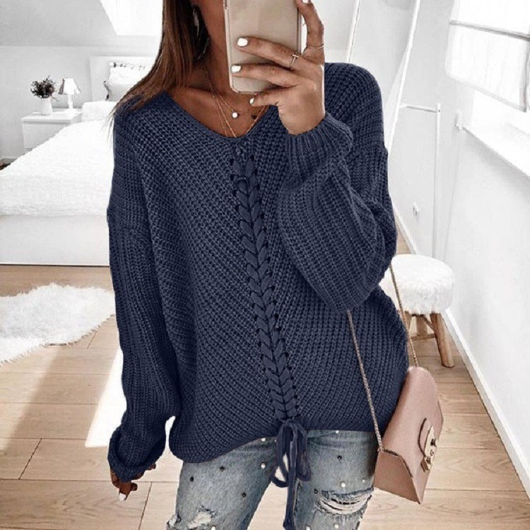 Women's Chunky Knit Sweater with Innovative Cord Detail