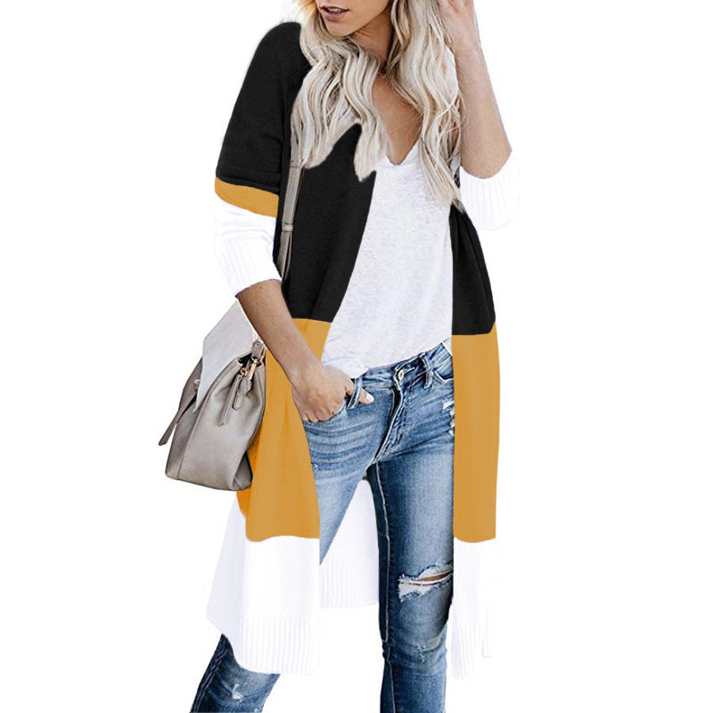 Women's Casual Knit Coat with Color Block Design and Open Front