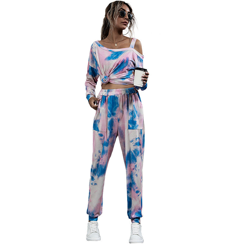 Women's Casual Tie-Dye Lounge Set with Off-Shoulder Crop Top & Jogger Pants