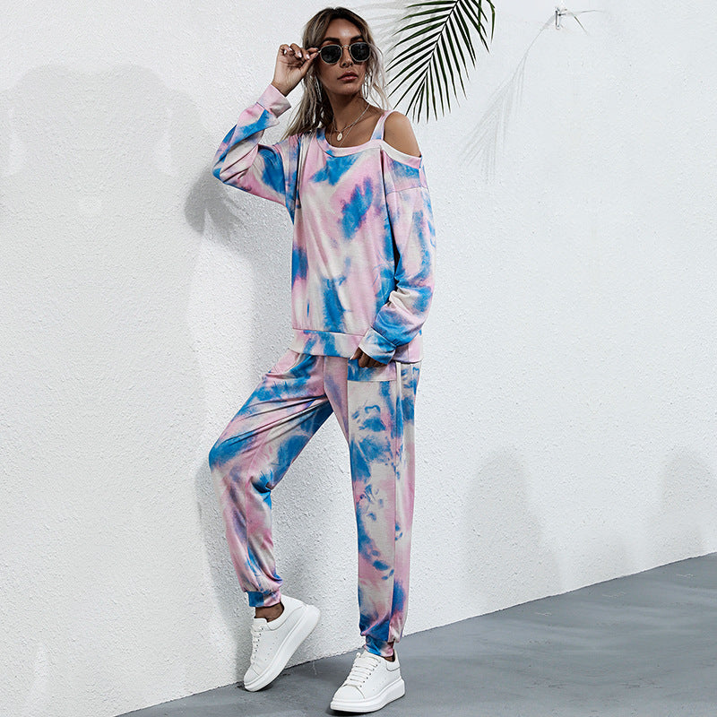 Women's Casual Tie-Dye Lounge Set with Off-Shoulder Crop Top & Jogger Pants