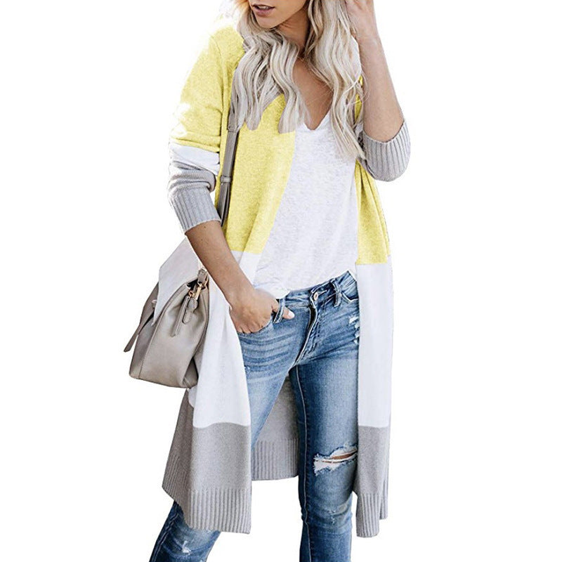 Women's Casual Knit Coat with Color Block Design and Open Front