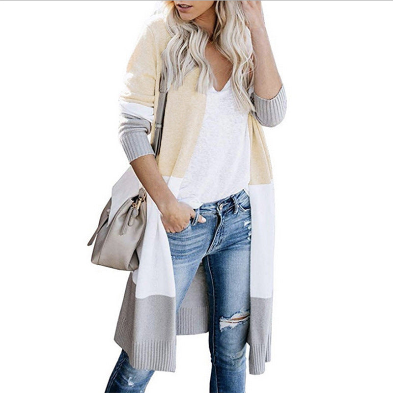 Women's Casual Knit Coat with Color Block Design and Open Front