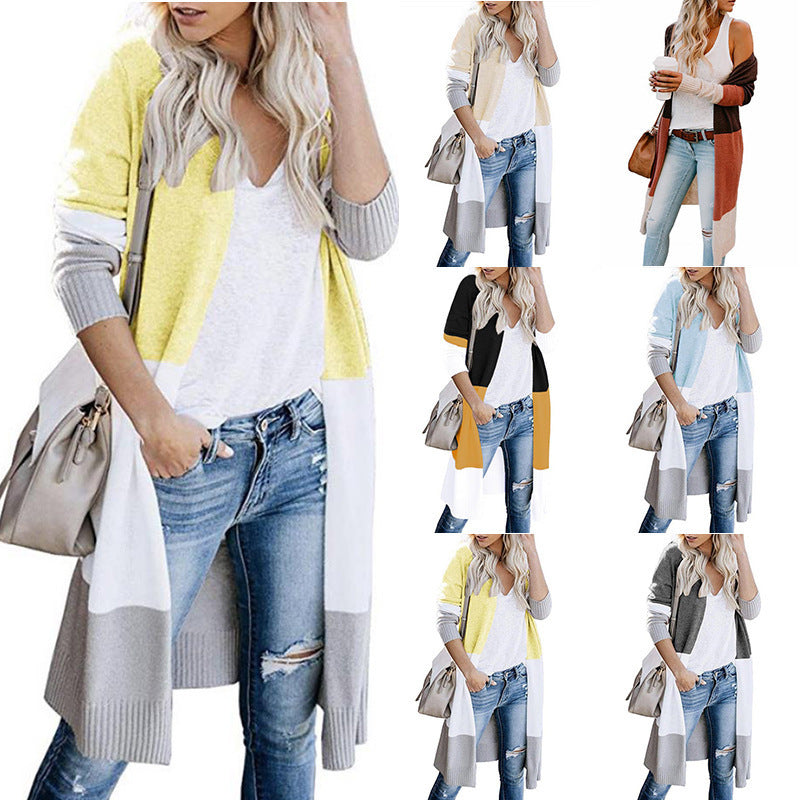 Women's Casual Knit Coat with Color Block Design and Open Front