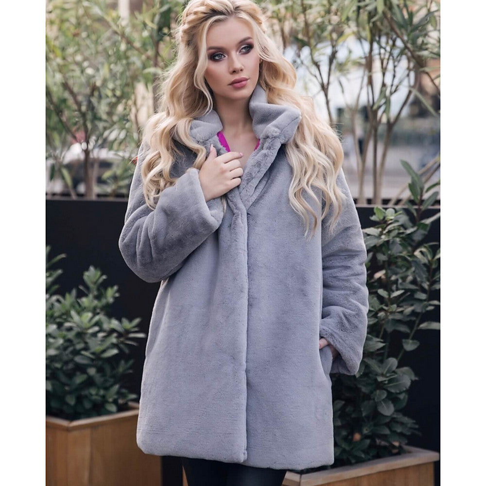 Women's Fluffy Faux Fur Coat with High Collar