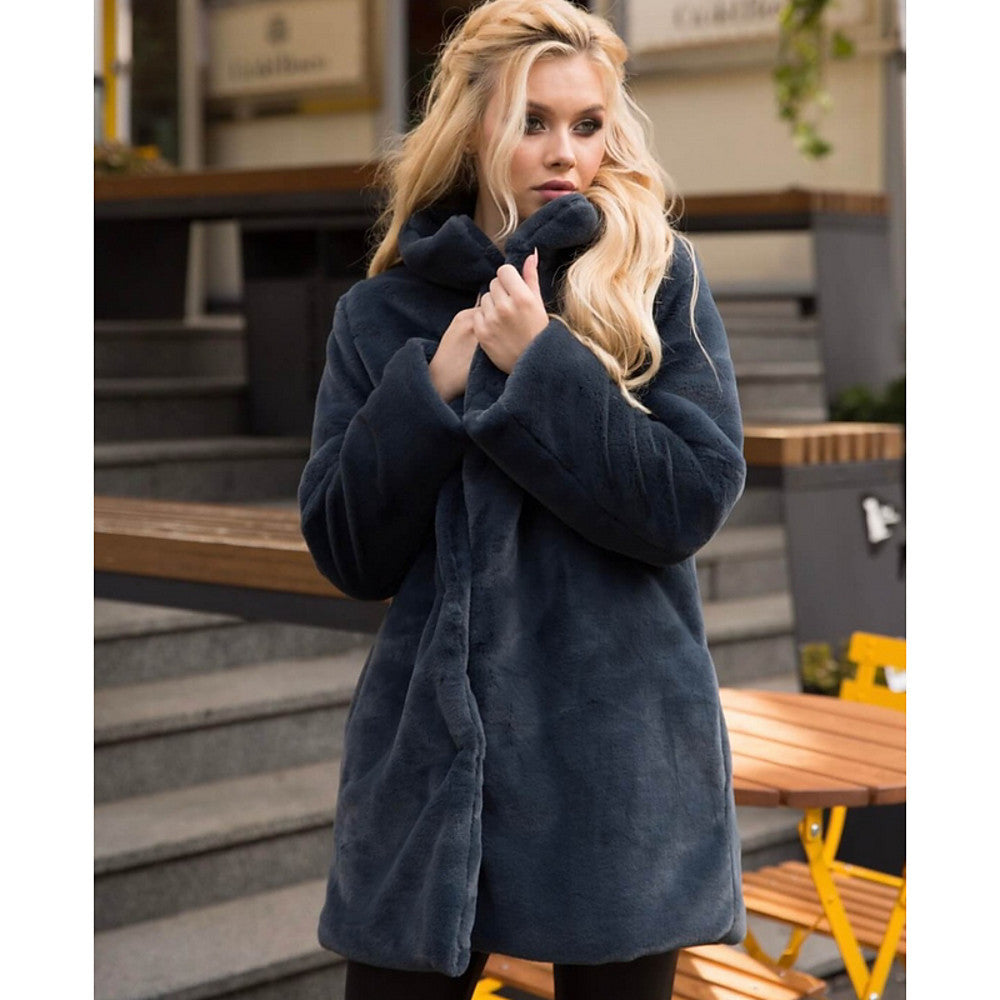 Women's Fluffy Faux Fur Coat with High Collar