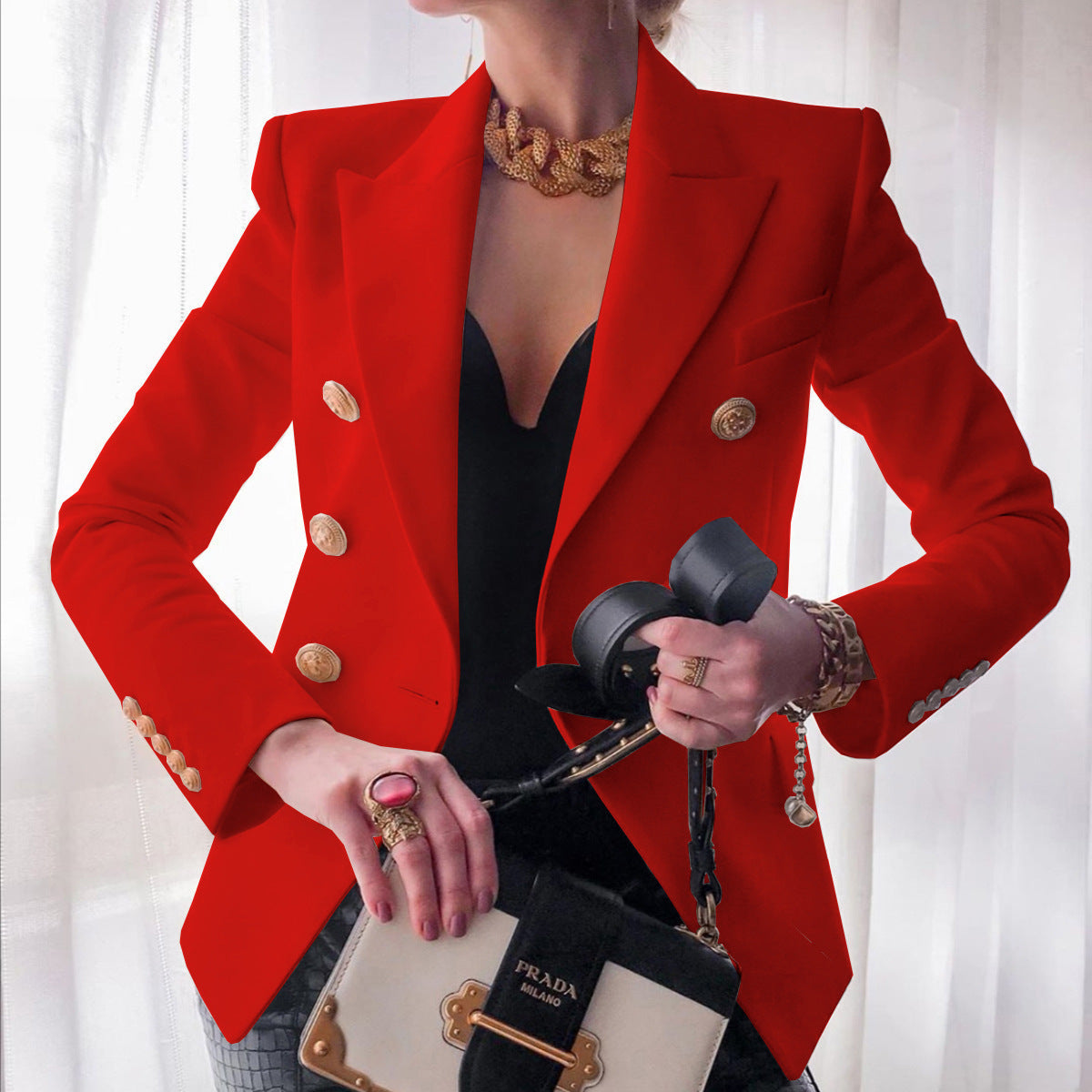 Elegant Double-Breasted Blazer with Gold Buttons