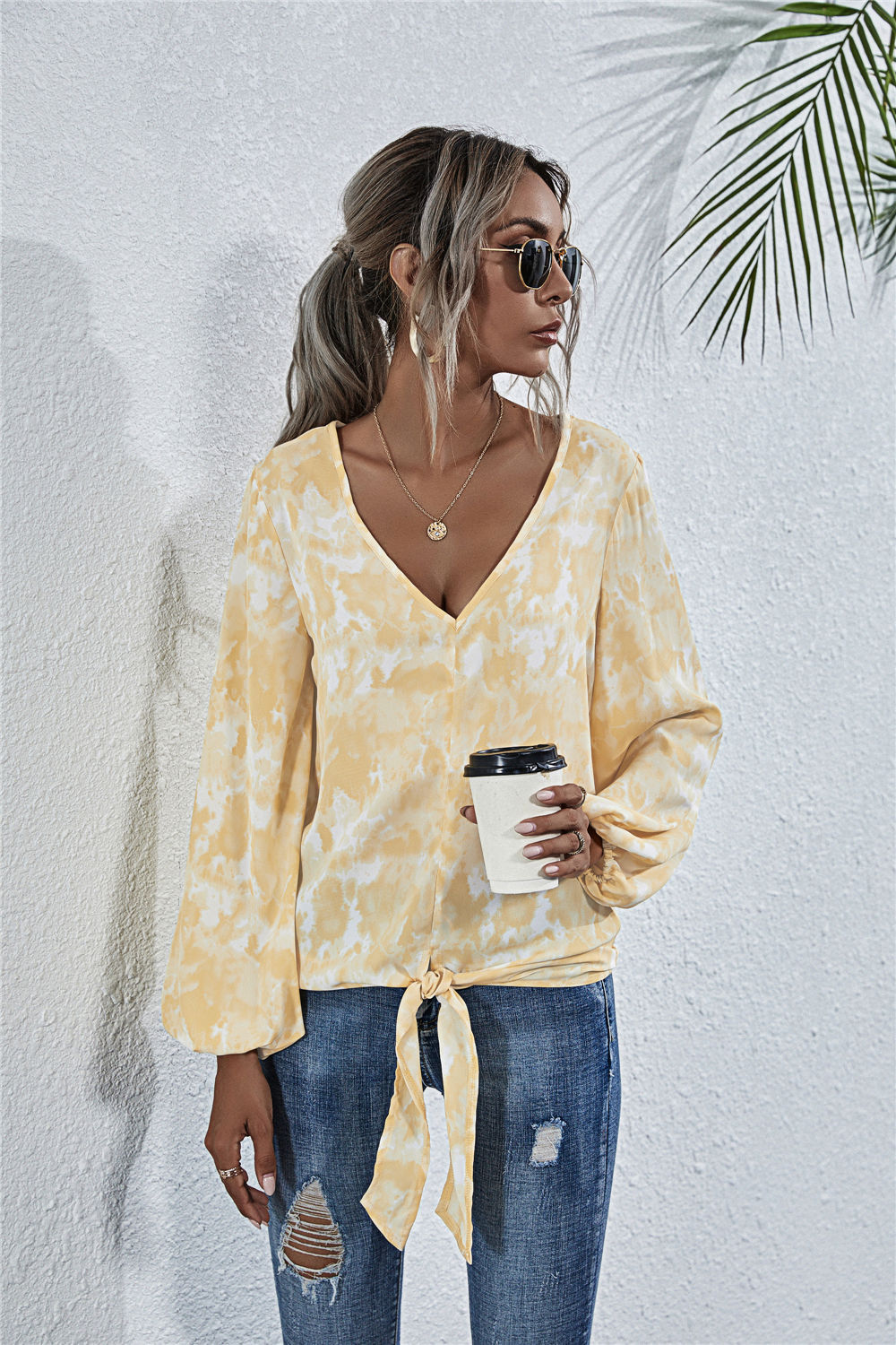 Women's V-Neck Blouse with Playful Knot