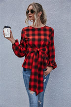Women's Blouse with Knot Detail and Casual Plaid Pattern
