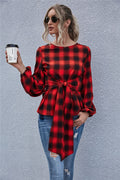 Women's Blouse with Knot Detail and Casual Plaid Pattern