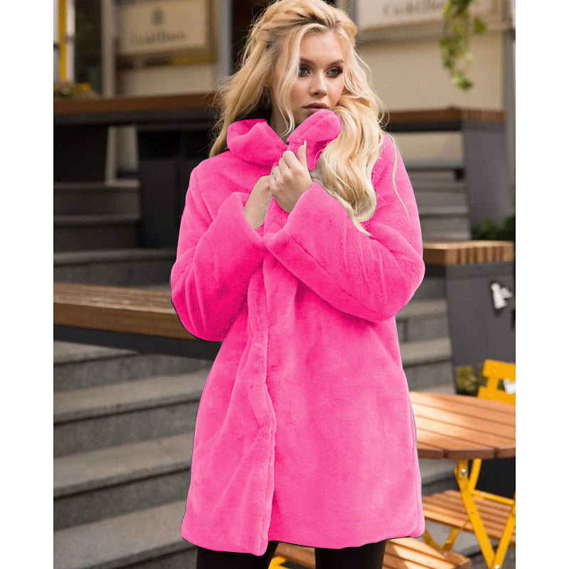 Women's Fluffy Faux Fur Coat with High Collar