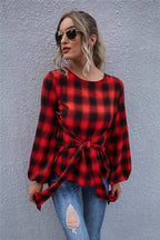 Women's Blouse with Knot Detail and Casual Plaid Pattern