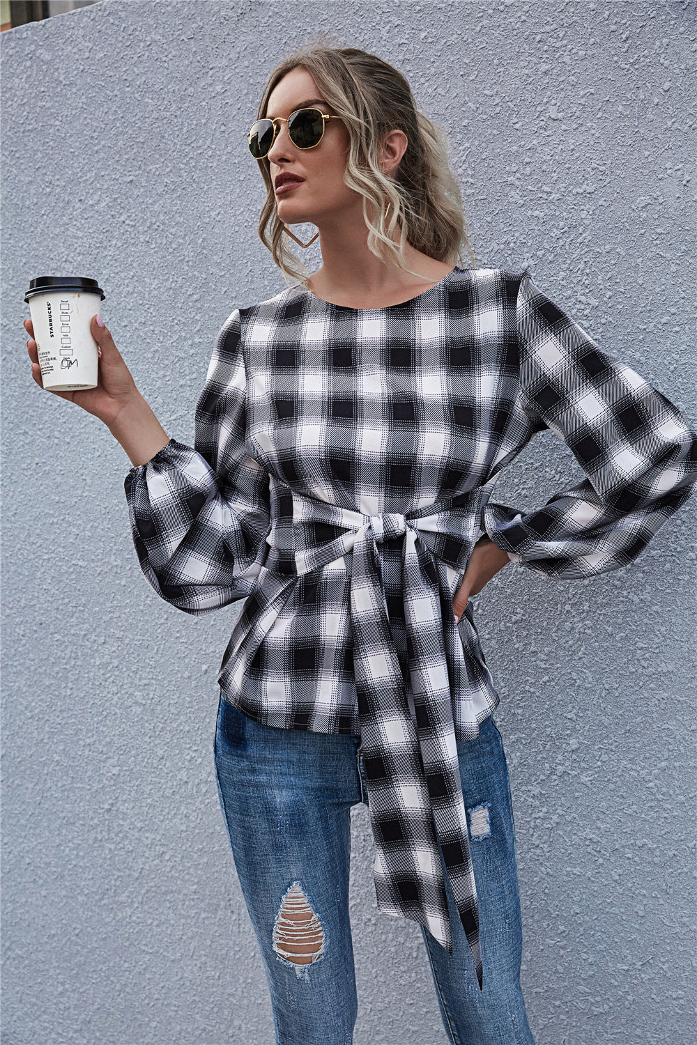 Women's Blouse with Knot Detail and Casual Plaid Pattern