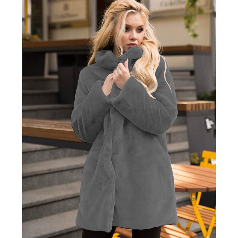 Women's Fluffy Faux Fur Coat with High Collar