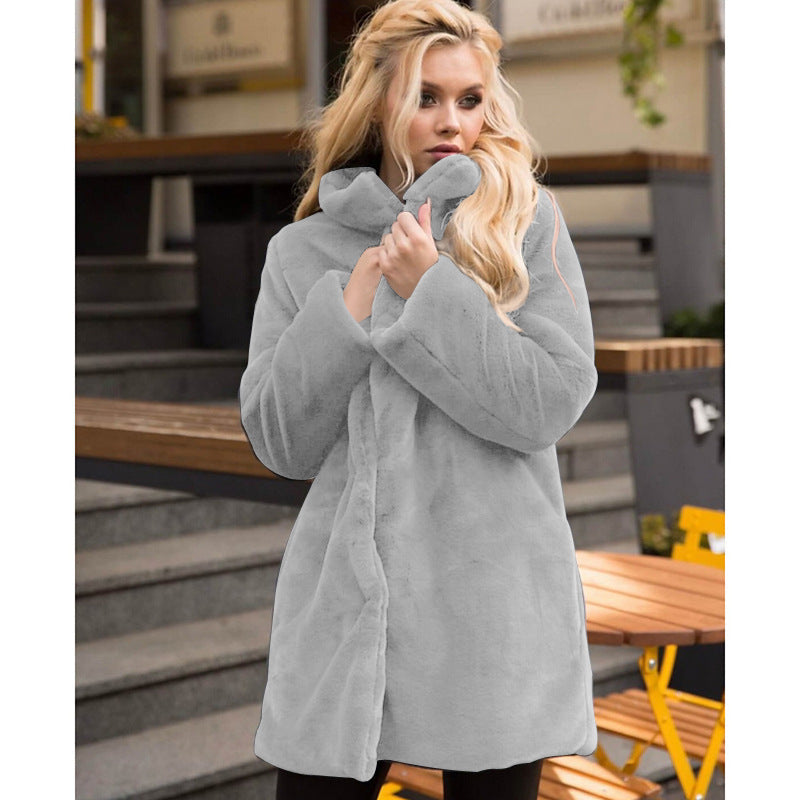 Women's Fluffy Faux Fur Coat with High Collar