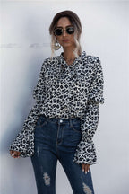 Women's Loose Blouse with Wide Sleeves and Fashionable Leopard Print