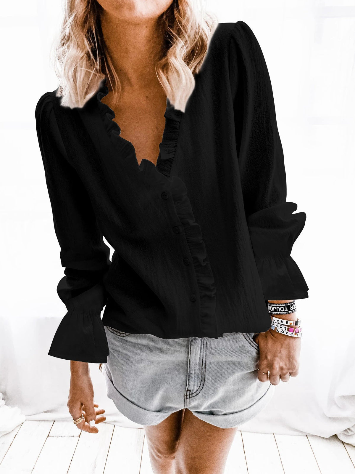 Women's Blouse Shirt with Ruffle Details and Button Closure