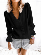 Women's Blouse Shirt with Ruffle Details and Button Closure