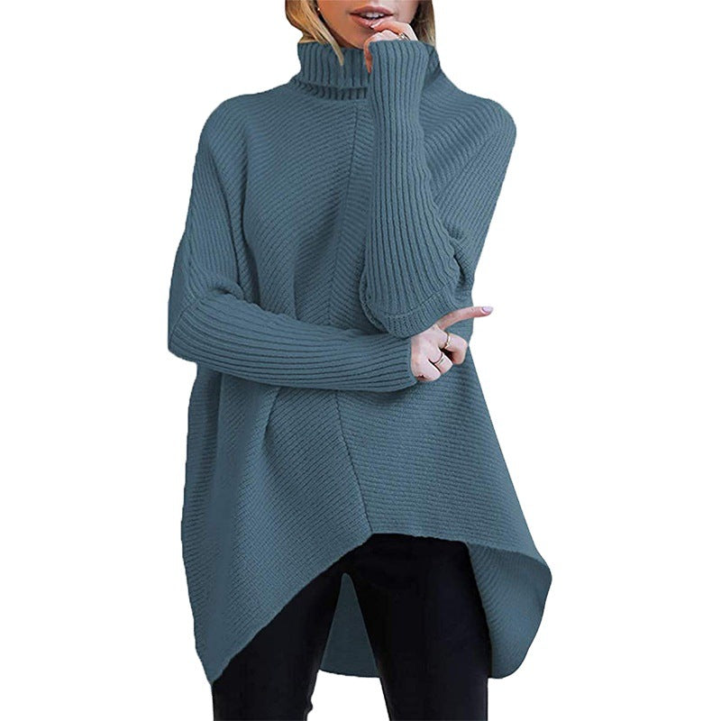 Women's Cozy Turtleneck Sweater with Textured Design and Asymmetric Cut
