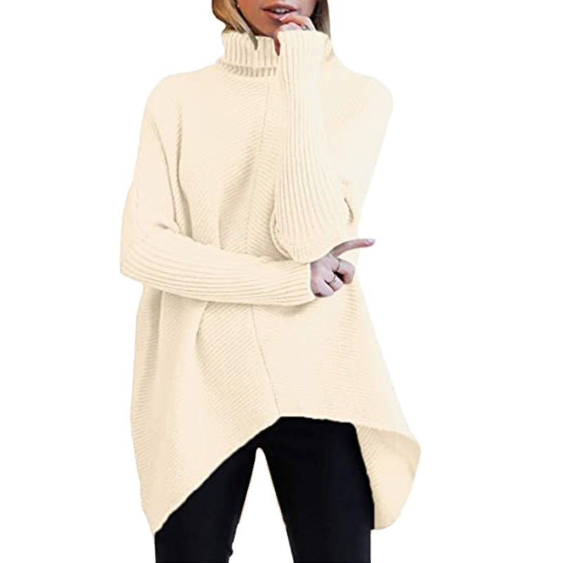 Women's Cozy Turtleneck Sweater with Textured Design and Asymmetric Cut