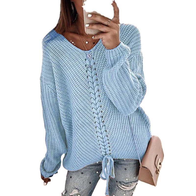 Women's Chunky Knit Sweater with Innovative Cord Detail