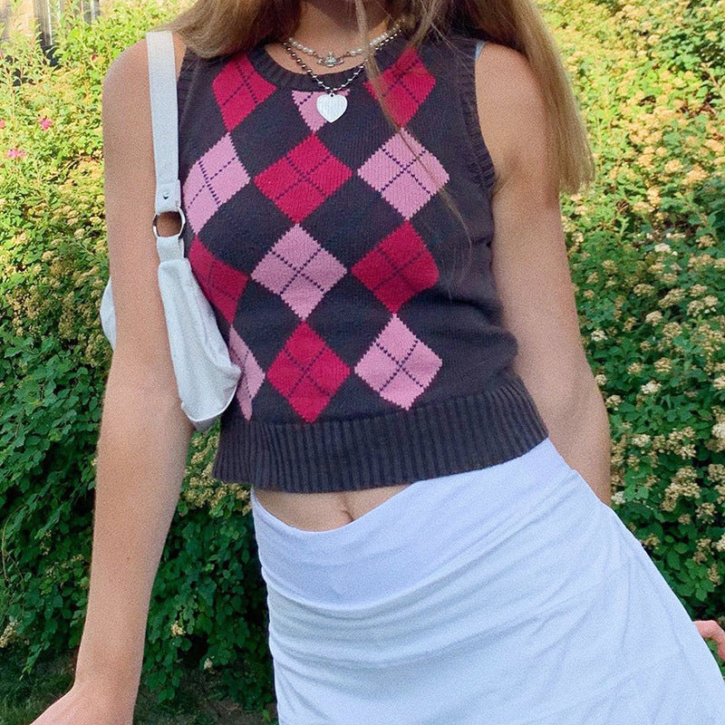 Women's Sleeveless Plaid Knit Top