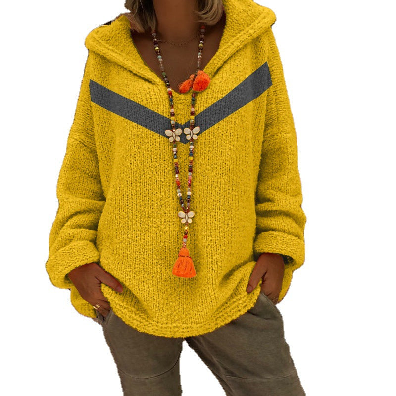 Women's Chunky Knit Sweater with Hood and Decorative Detail