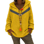 Women's Chunky Knit Sweater with Hood and Decorative Detail