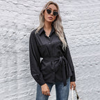 Elegant Satin Shirt Blouse with Waist Belt