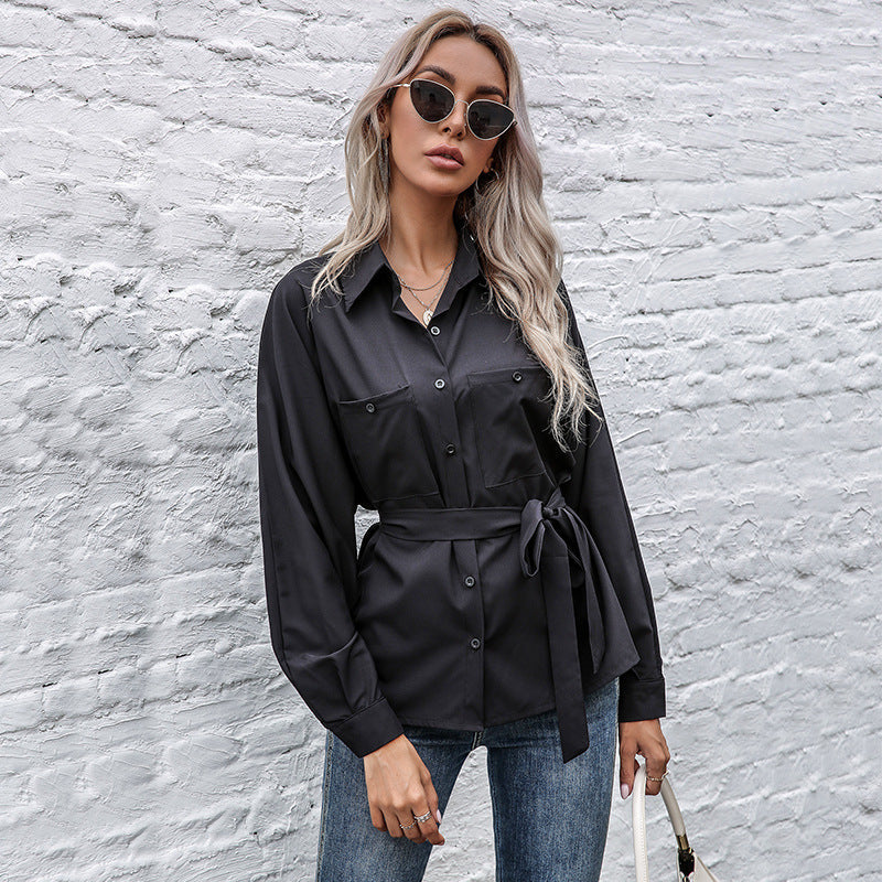 Elegant Satin Shirt Blouse with Waist Belt