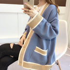 Women's Casual Knit Cardigan with Contrast Trim and Pockets