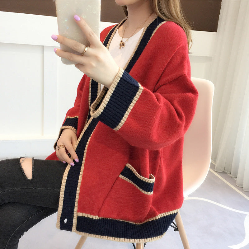 Women's Casual Knit Cardigan with Contrast Trim and Pockets