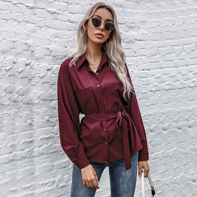 Elegant Satin Shirt Blouse with Waist Belt