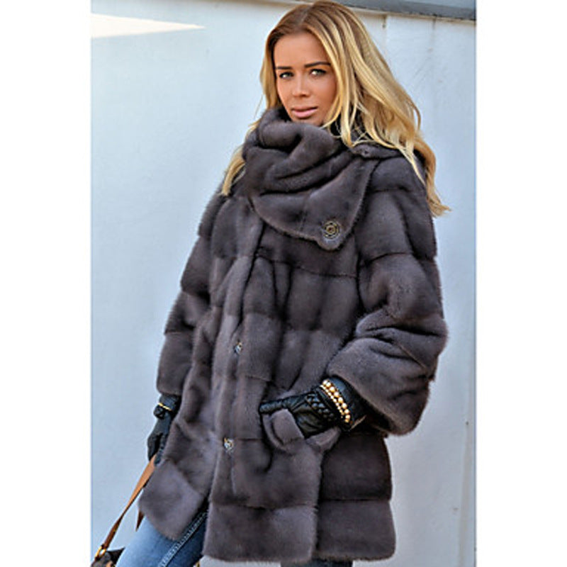 Women's Fluffy Faux Fur Coat with High Collar and Side Pockets