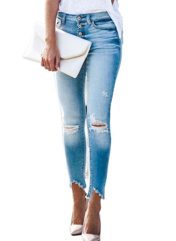 Women's High-Waisted Ripped Jeans with Button Fly
