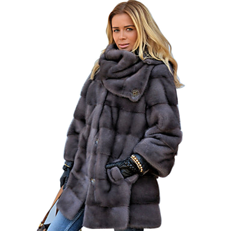 Women's Fluffy Faux Fur Coat with High Collar and Side Pockets