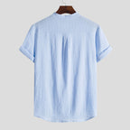 Women's Short-Sleeve Shirt with Textured Stand-Up Collar and Button Detail