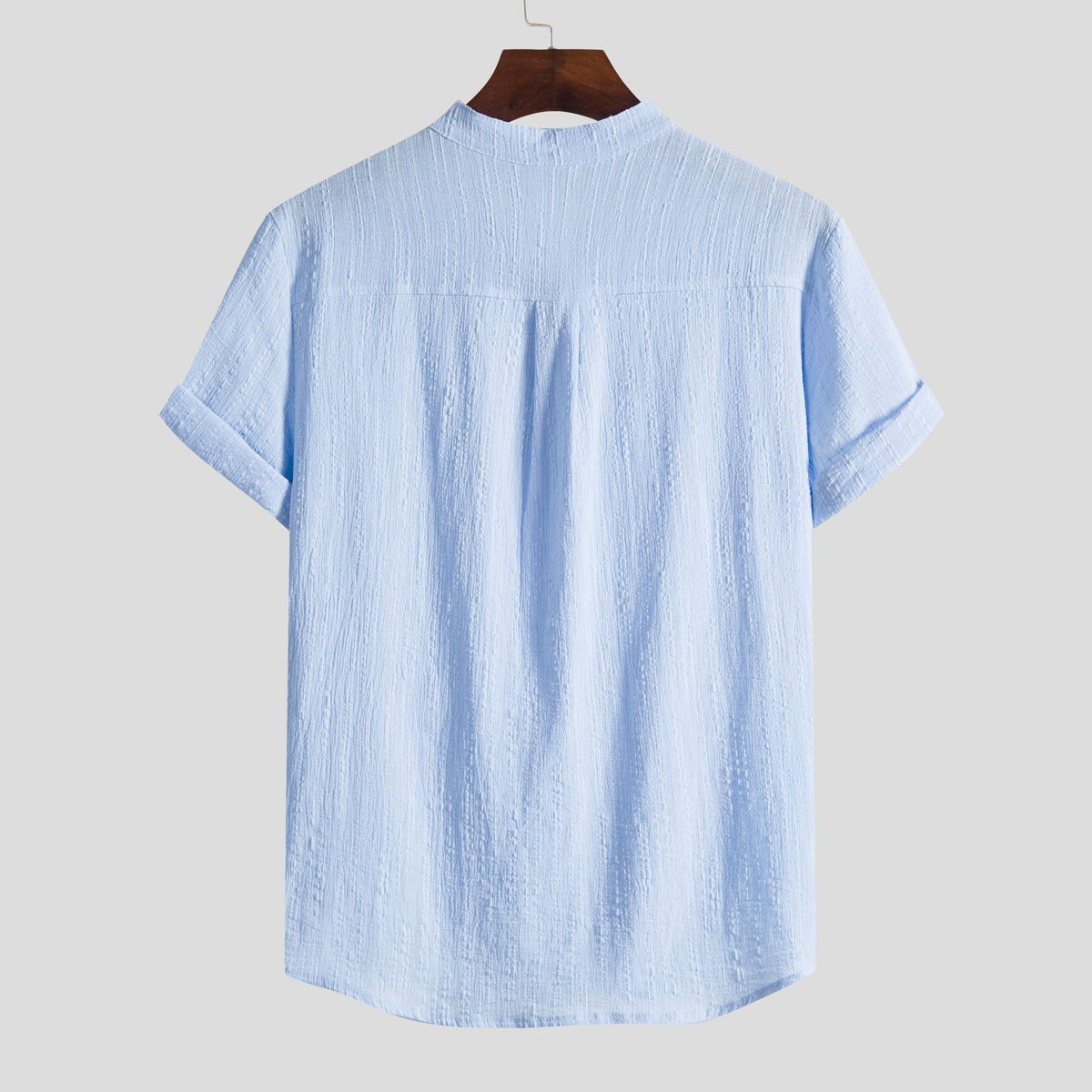 Women's Short-Sleeve Shirt with Textured Stand-Up Collar and Button Detail
