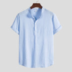 Women's Short-Sleeve Shirt with Textured Stand-Up Collar and Button Detail