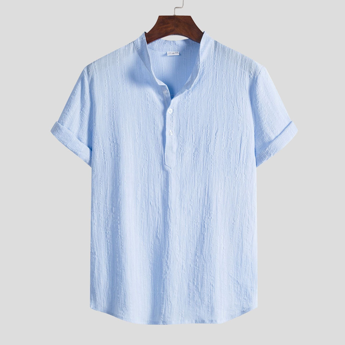 Women's Short-Sleeve Shirt with Textured Stand-Up Collar and Button Detail