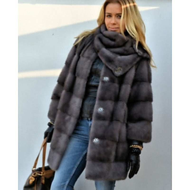 Women's Fluffy Faux Fur Coat with High Collar and Side Pockets