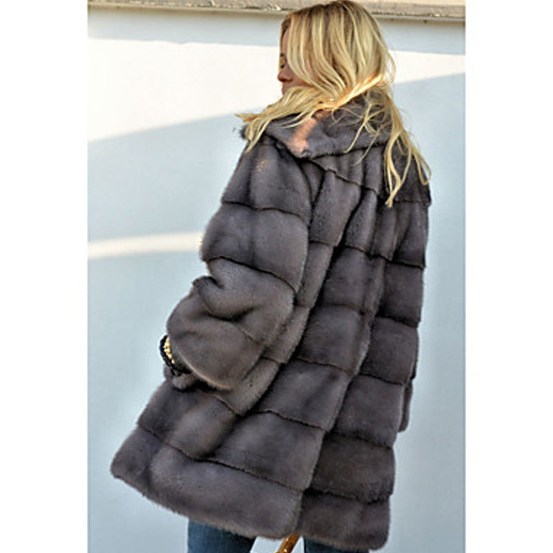 Women's Fluffy Faux Fur Coat with High Collar and Side Pockets